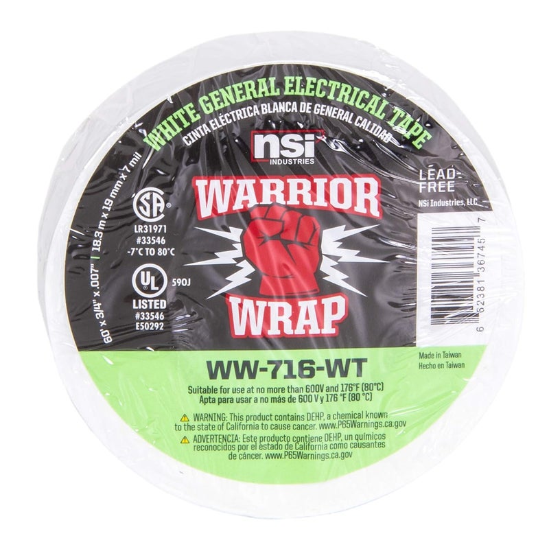 NSI شريط كهربائي من نوع WarriorWrap WW-716-WT بسمك 7 مل، عرض 3/4 بوصة، طول 60 قدم، أبيض - Image 4