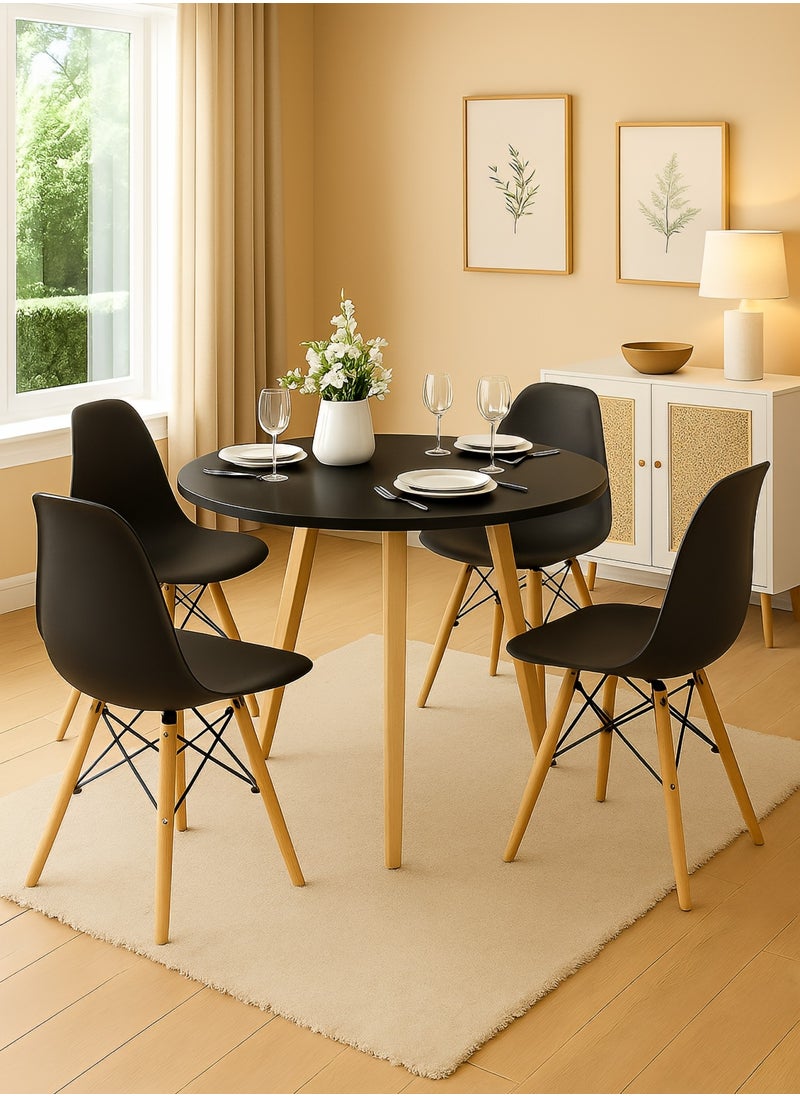 Taimi 5-Piece Dining Set,Modern Round Dining Table with 4 Elegant Chairs | Solid Black Wood Table 80x80x70cm with 4 Black Plastic Chairs and Wooden Legs  - Image 1
