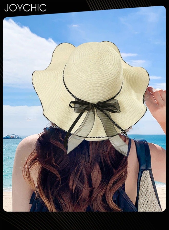 Joychic قبعة شاطئية نسائية واسعة الحواف مع حزام ذقن قبعة شاطئية من القش قبعة شمسية كبيرة قابلة للطي قبعة صيفية قبعة حماية من الأشعة فوق البنفسجية - Image 2