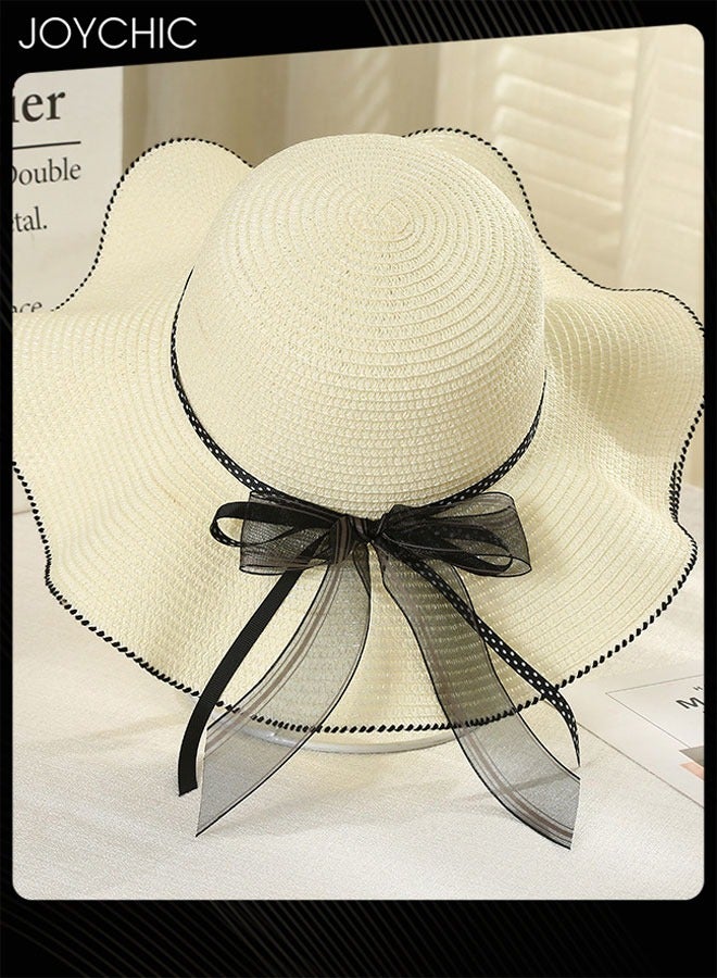 Joychic قبعة شاطئية نسائية واسعة الحواف مع حزام ذقن قبعة شاطئية من القش قبعة شمسية كبيرة قابلة للطي قبعة صيفية قبعة حماية من الأشعة فوق البنفسجية - Image 1