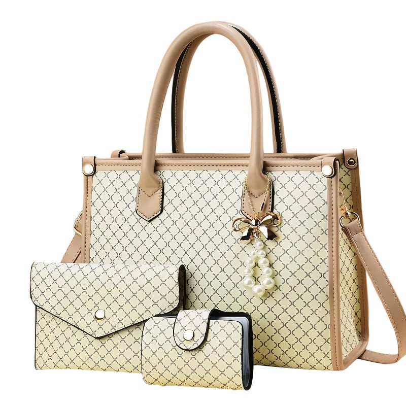 Tigpoy Women's Purses Set 3pcs, Tote Bag, Top-Handle Satchel, Wallet, Vegan Leather Shoulder Crossbody Handbags for Daily Use (White+Khaki) - Image 1