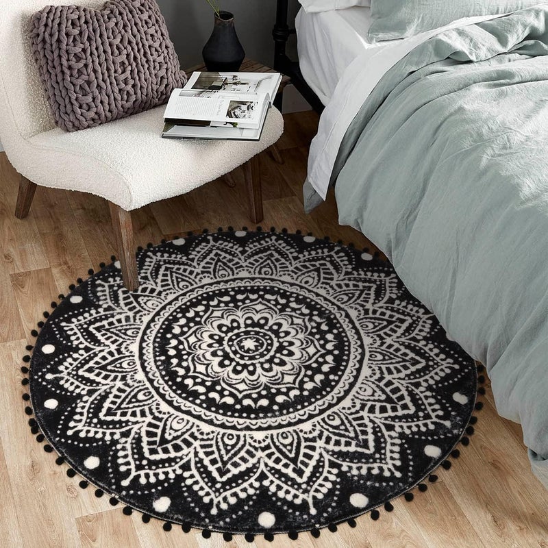Uphome Boho Round Rug for Bedroom 3' Circle Mandala Black Bathroom Rug with Pom Poms Fringe Washable Circular Accent Throw Rugs Non-Slip Soft Floor Mat for Entryway Living Room Sofa Kids Room Nursery - Image 5