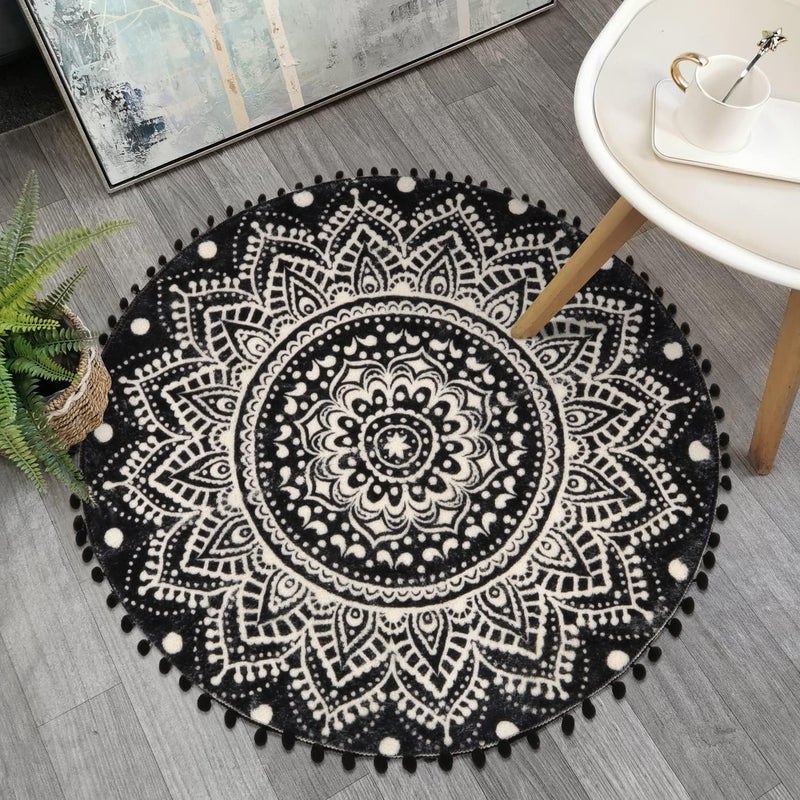 Uphome Boho Round Rug for Bedroom 3' Circle Mandala Black Bathroom Rug with Pom Poms Fringe Washable Circular Accent Throw Rugs Non-Slip Soft Floor Mat for Entryway Living Room Sofa Kids Room Nursery - Image 1