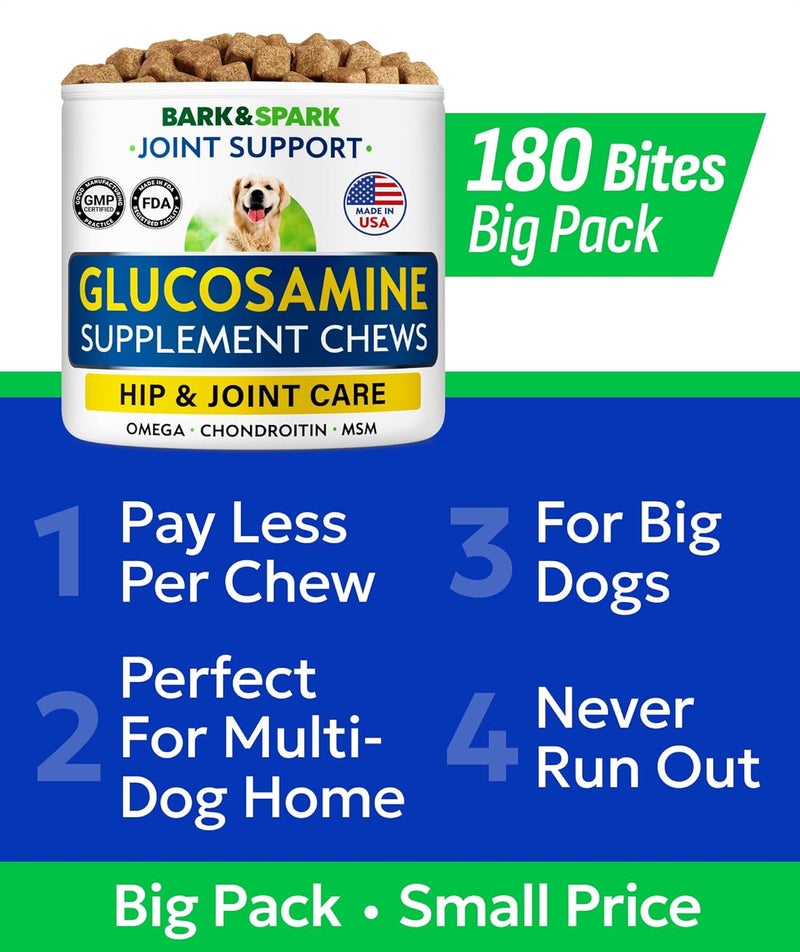 BARK&SPARK مكمل بارك آند سبارك الجلوكوزامين والكوندرويتين للكلاب لدعم مفاصل الورك - تخفيف آلام ا��مفاصل - مضغات لدعم مفاصل الورك - دعم المفاصل للسلالات الكبيرة والصغيرة - حبوب فيتامين للكلاب المسنة لصحة المفاصل (180 قطعة - نكهة الدجاج) - Image 3