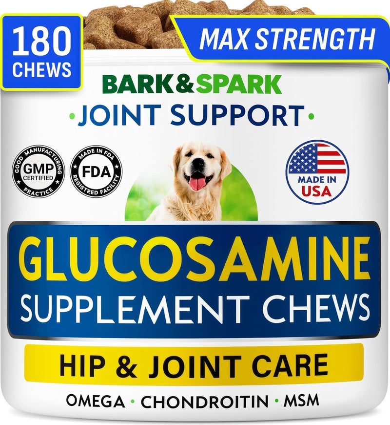BARK&SPARK مكمل بارك آند سبارك الجلوكوزامين والكوندرويتين للكلاب لدعم مفاصل الورك - تخفيف آلام ا��مفاصل - مضغات لدعم مفاصل الورك - دعم المفاصل للسلالات الكبيرة والصغيرة - حبوب فيتامين للكلاب المسنة لصحة المفاصل (180 قطعة - نكهة الدجاج) - Image 1