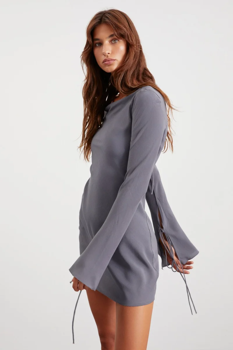 GRIMELANGE Brandy Women's Woven Waist Open Back Flare Sleeve Moroccan Fabric Mini Gray Dress