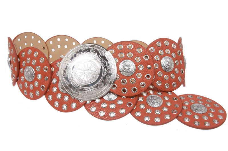 Beltiscool Women's 3 1/2" (90 mm) Wide Boho Disc Concho Leather Belt, Orange | m - 42" (107 cm) end-to-end - Image 4