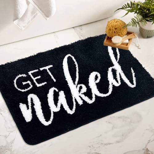 Homantic Get Naked Bathroom Rugs - Funny Bath Mats for Bathroom Non Slip Floor Decor Water Absorbent Bath Rugs for Sink Bathtub and Shower Black and White 20" x 32" - Image 1