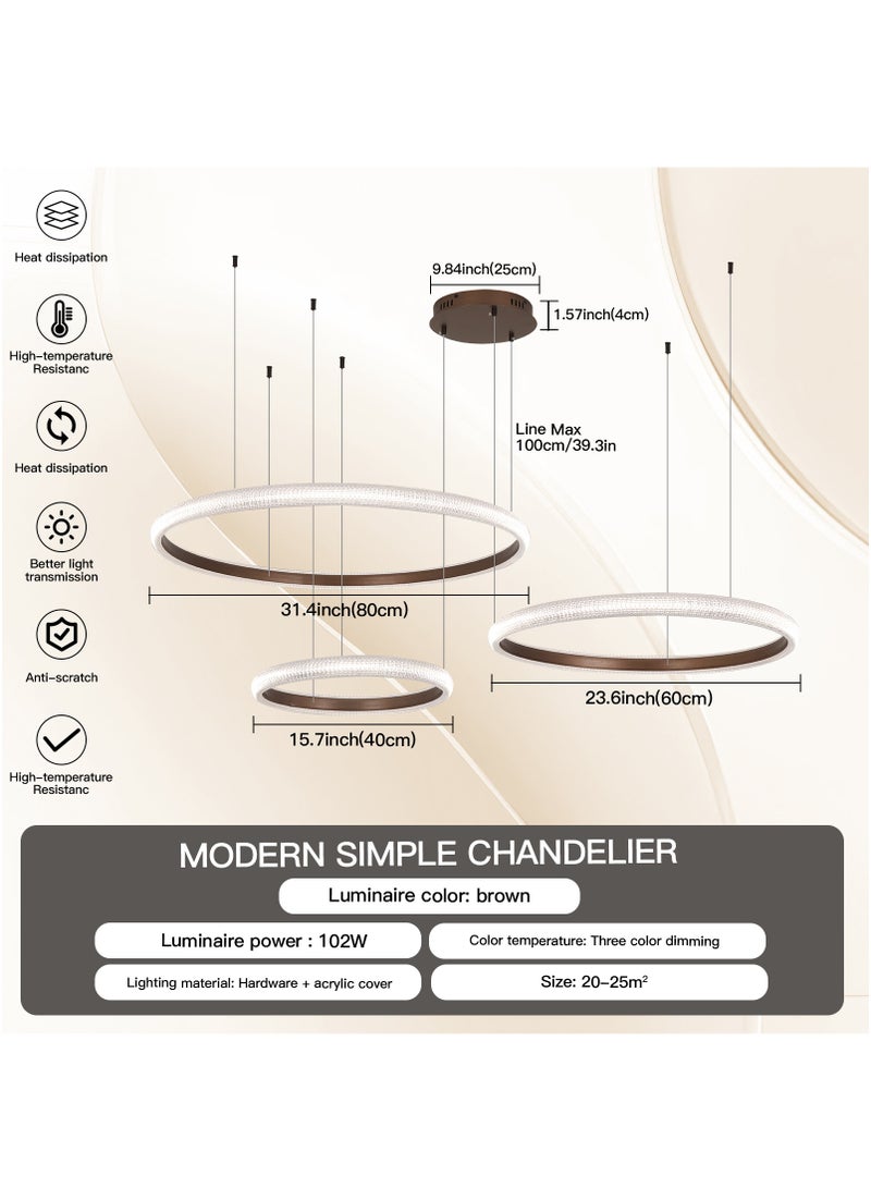 YATAI LIGHTING الحديثة أدى السقف حلقة دائرية الثريا عكس الضوء 3 حلقات غرفة المعيشة مع جهاز التحكم عن بعد حلقة مستديرة الألومنيوم الثريا الاكريليك ارتفاع قابل للتعديل درجة حرارة اللون مصباح الثريا 102 واط - Image 4