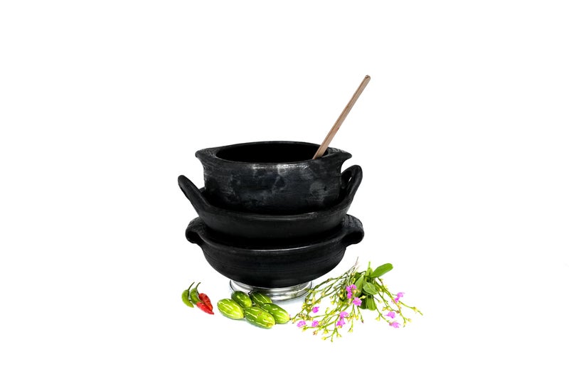 Ziaon Deep Burned Clay Seasoned Handi Pot Combo for Cooking and Serving Set of 3 with Coconut Spatula & Steel Ring(2 literkalchatti, 1 Liter kadai, 1.5 chatti) - Image 1