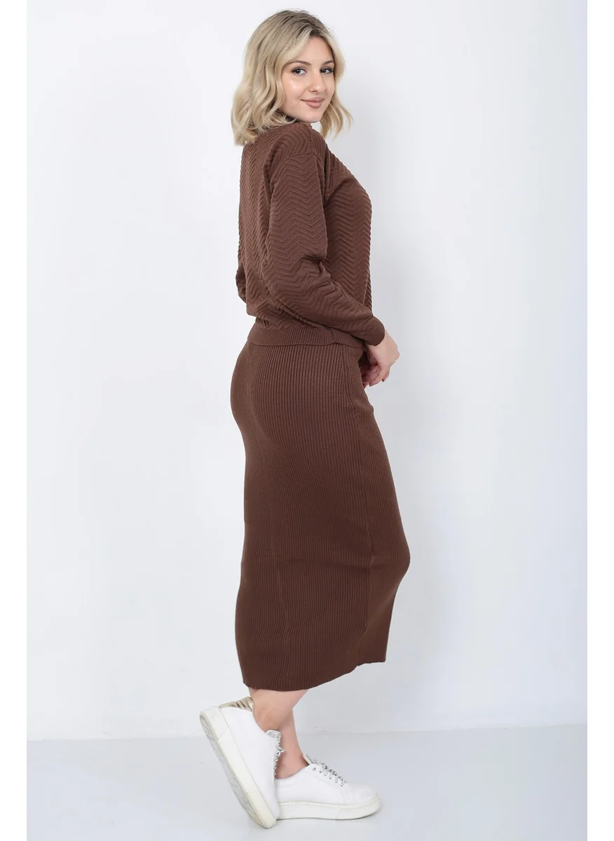 Lugmo Women's Knitwear Zigzag Striped Sweater and Skirt Set Oversize Brown