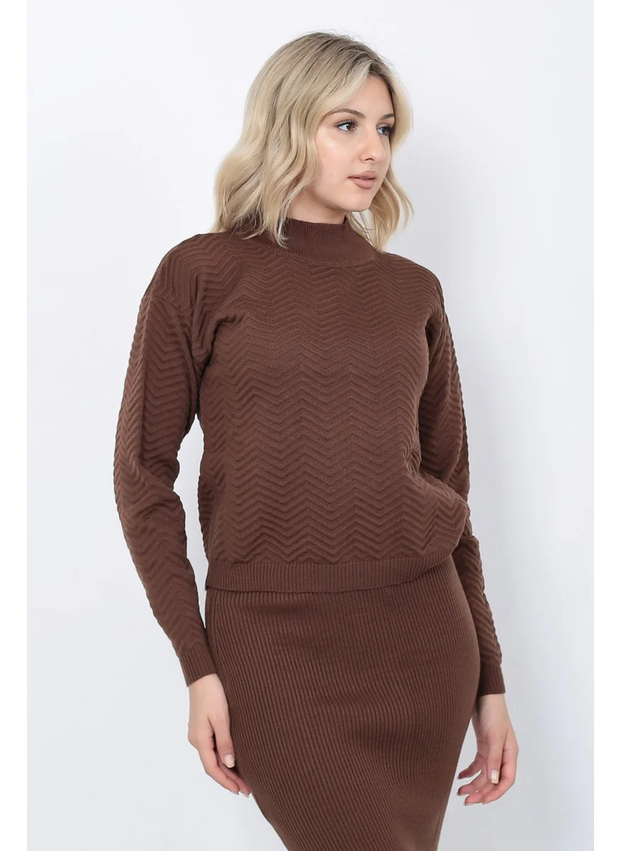 Lugmo Women's Knitwear Zigzag Striped Sweater and Skirt Set Oversize Brown