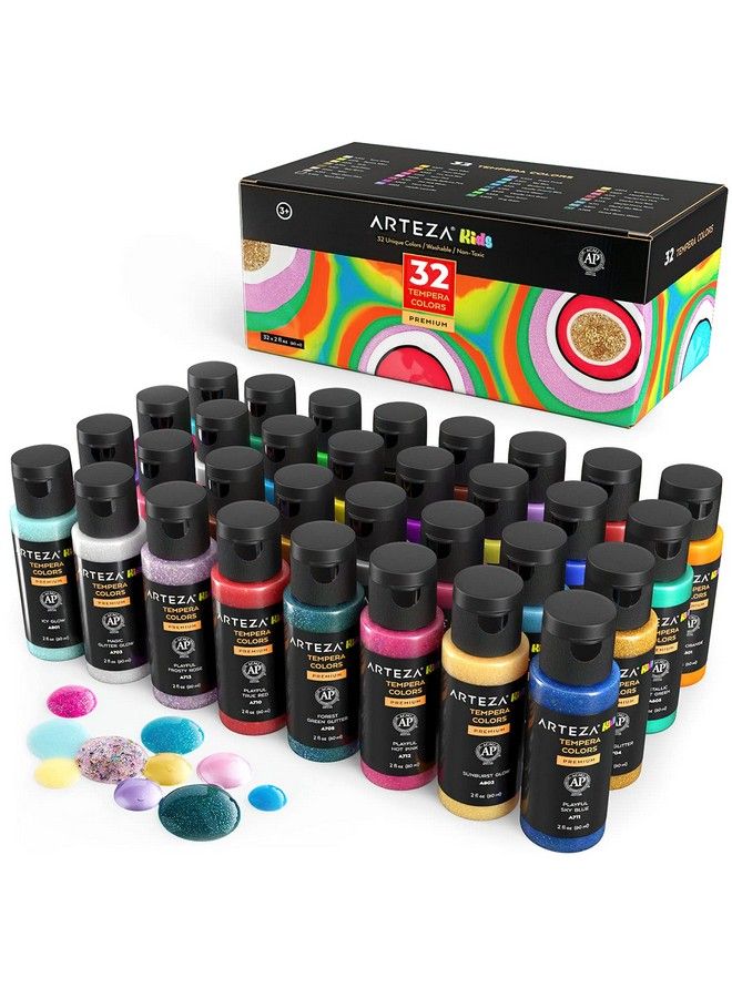 ARTEZA Tempera Washable Paint For Kids Set Of 32 2.03Oz/60Ml Bottles Poster Paint For Halloween Pumpkin Painting Craft Projects Sponge Painting & Finger Painting Includes Neon Glitter & Glowinthedark - Image 2