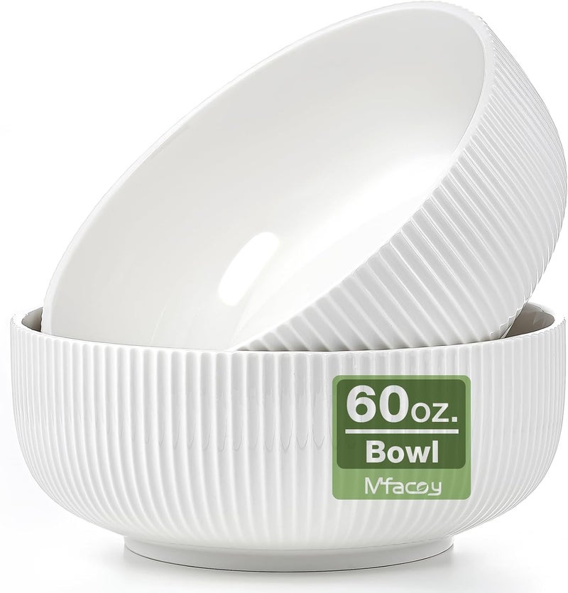 Mfacoy 2 Pack Salad Bowl, 8 inch 60 oz Large Serving Bowl Set, Deep Bowl for Kitchen, White Ceramic Bowl Set for Soup, Cereal, Ramen, Pasta, Salad, Dishwasher & Microwave Safe, Easy Clean - Image 1