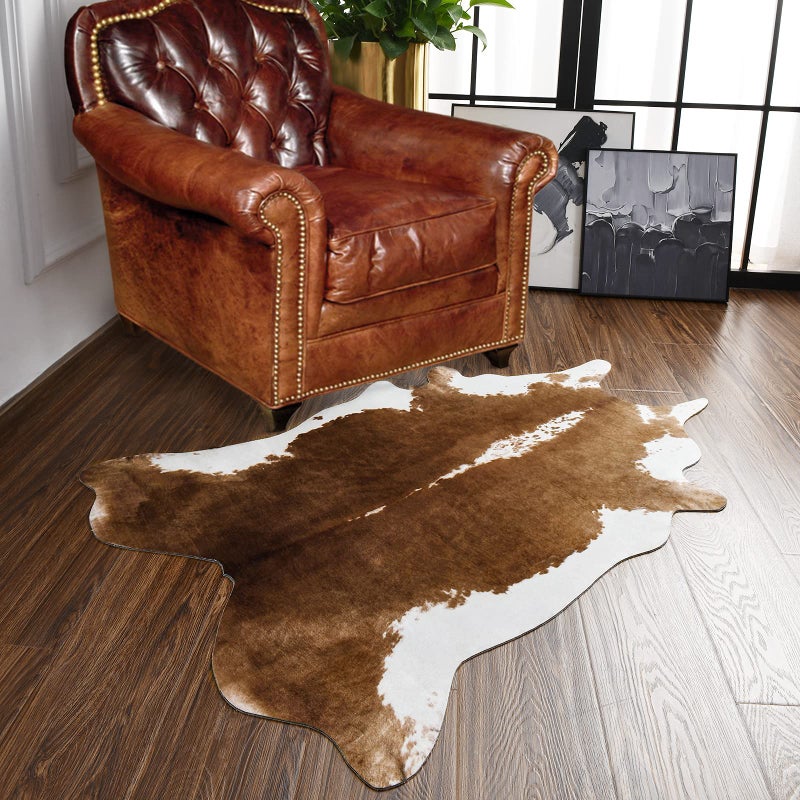 BENRON Small Cowhide Rug Faux Cow Hide Rugs for Entryway Kitchen Hallyway Western Home Decor Non Slip Cute Rug with Irregular Animal Skins and Hides Khaki Brown 23 x 36ft