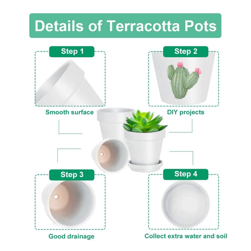 vensovo 4 Inch White Terracotta Plant Pots with Saucer - 6 Pack Clay Flower Pots with Drainage, Great for Plants, Crafts, Wedding Favor - Image 4