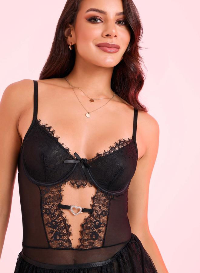 Styli Pack of 4 - Eyelash Lace Trim Bodysuit- Skirt- Suspenders and Thigh High Stockings - Image 4