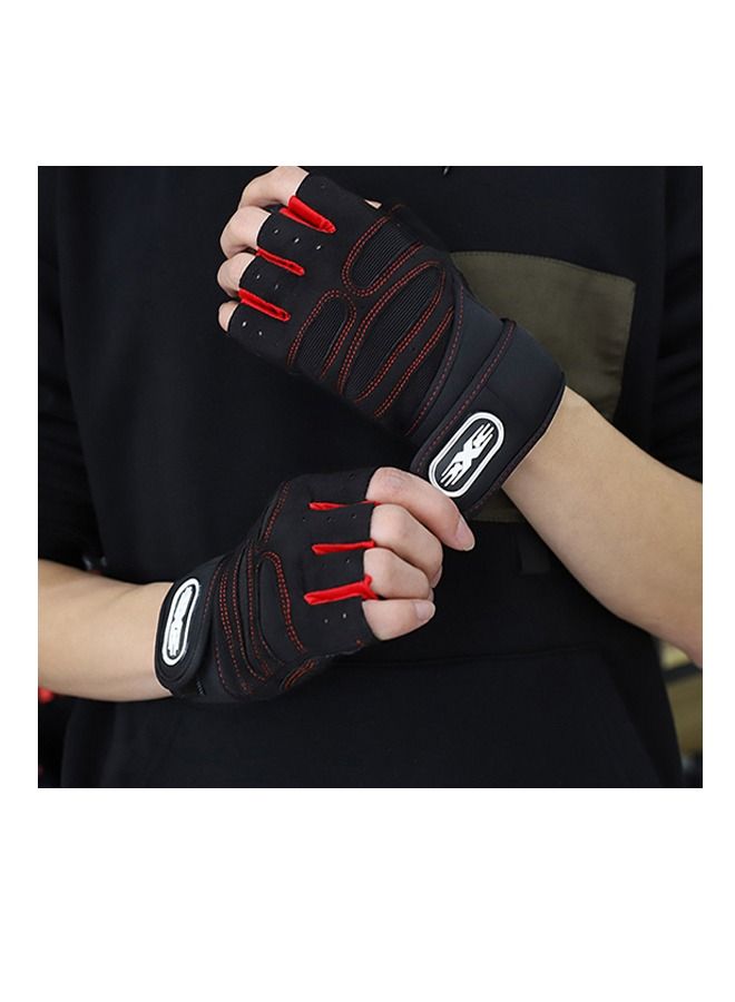 Men's Lifting Half Finger Gloves, Palm Protection Gloves, Men's Fitness Equipment, Anti-Slip Wrist Ventilated Gloves for Outdoor Gym Riding Weight Lifting(Red) - Image 5