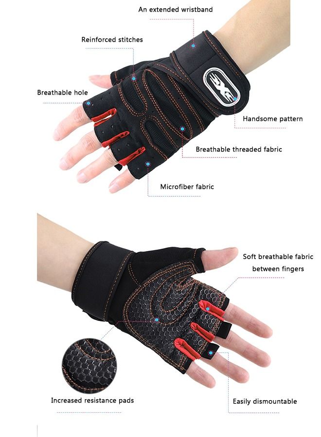 Men's Lifting Half Finger Gloves, Palm Protection Gloves, Men's Fitness Equipment, Anti-Slip Wrist Ventilated Gloves for Outdoor Gym Riding Weight Lifting(Red) - Image 3