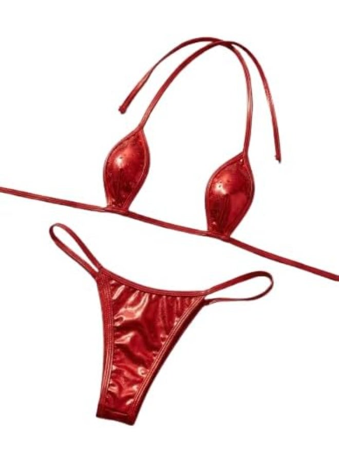 Hanady Women's Two-Piece Red Bikini Set with Drawstring Elastic Reflective Fabric Luxury Structured Swimwear (971) - Image 3