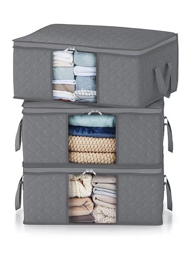 3Pack Clothes Storage Bag Foldable Closet Organizers Storage Containers with Sturdy Zipper,Clear Window, 90L Grey - Image 1