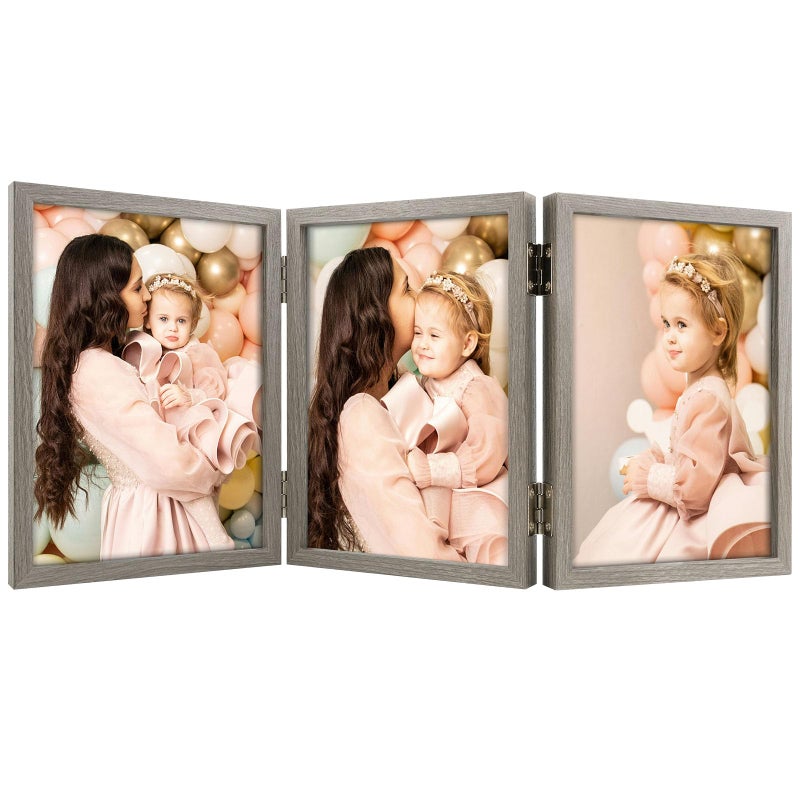 Space Art Deco 5x7 Triple Hinged Frames  3 Folding Picture Frame  Triptych Photo Frame  Stand Vertically on Desktop or Tabletop  Brownish Gray - Image 1