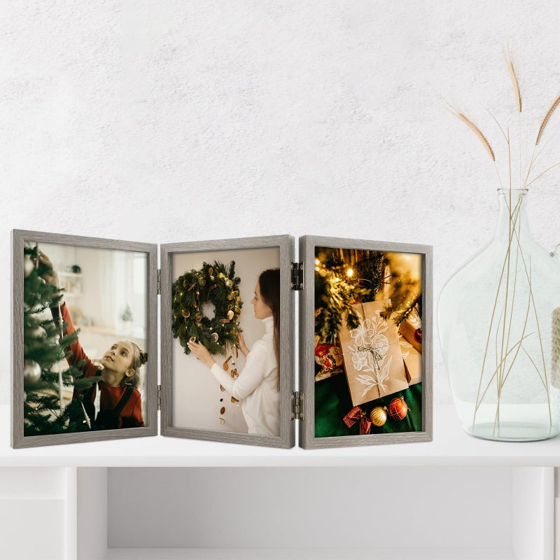 Space Art Deco 5x7 Triple Hinged Frames  3 Folding Picture Frame  Triptych Photo Frame  Stand Vertically on Desktop or Tabletop  Brownish Gray - Image 3