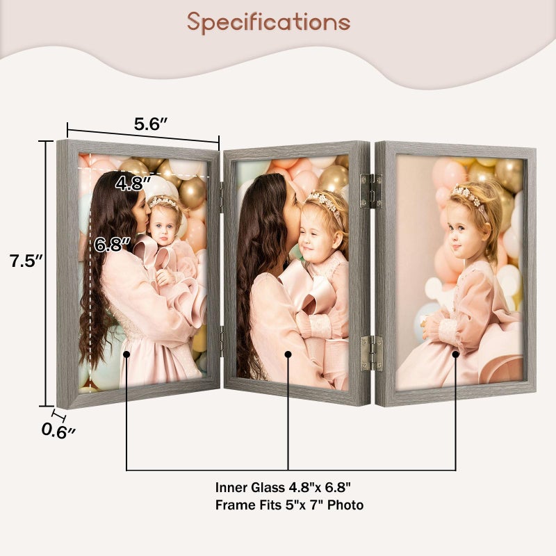 Space Art Deco 5x7 Triple Hinged Frames  3 Folding Picture Frame  Triptych Photo Frame  Stand Vertically on Desktop or Tabletop  Brownish Gray - Image 2