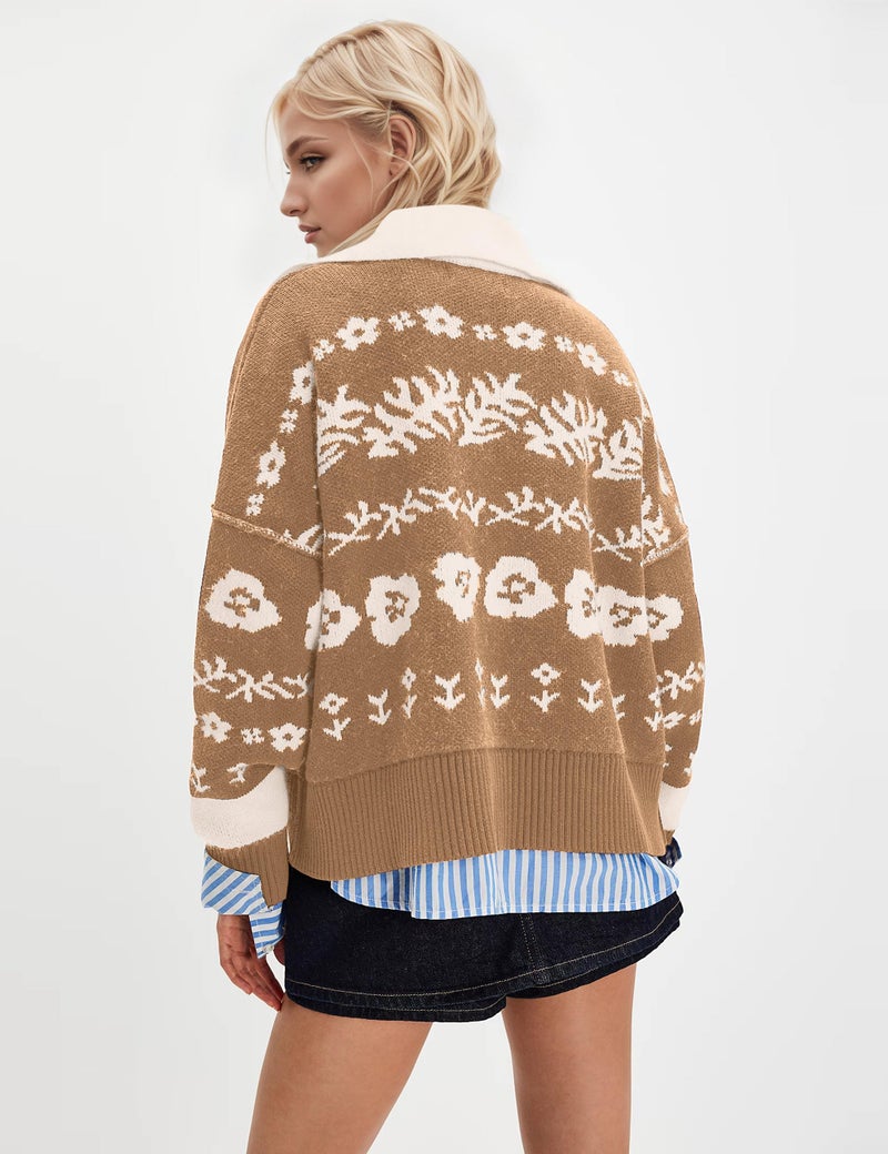 MISSACTIVER Floral Print Button Down Cardigan Sweaters for Women Long Sleeve V Neck Open Front Knit Crop Tops Fall Jacket Khaki - Image 2