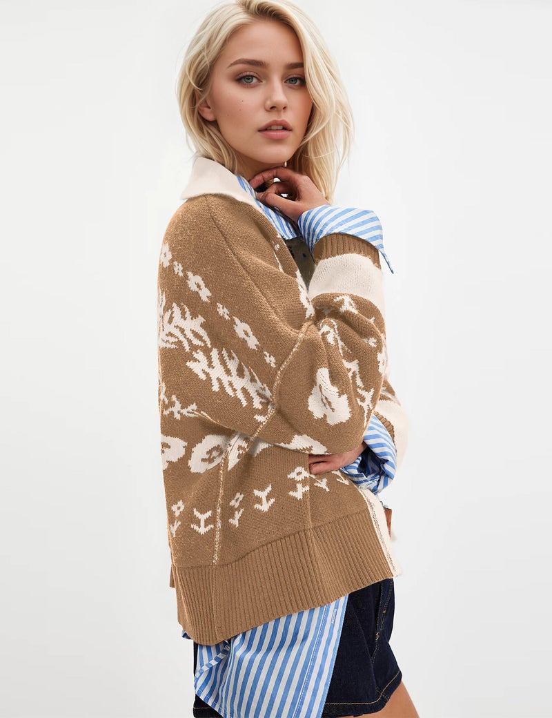 MISSACTIVER Floral Print Button Down Cardigan Sweaters for Women Long Sleeve V Neck Open Front Knit Crop Tops Fall Jacket Khaki - Image 3