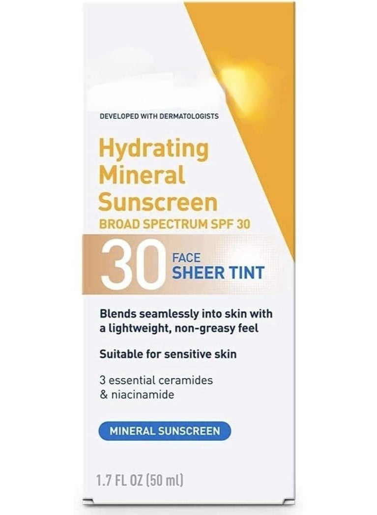 A hydrating mineral sunscreen for face with SPF30 broad spectrum and sheer tint. Formulated with 3 essential ceramides and niacinamide. Lightweight, non-greasy, suitable for sensitive skin. 50ml.