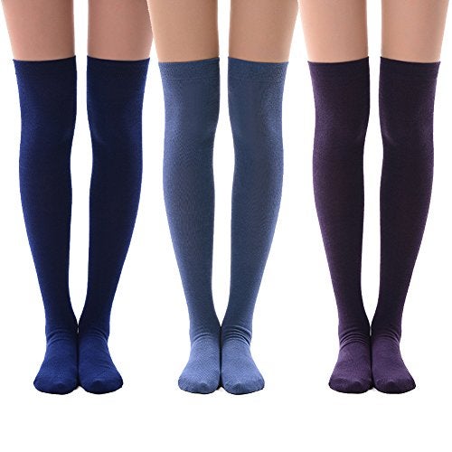 MEIKAN Blue Thigh High Socks for Girls Navy Purple Over Knee High Stockings Women, Long Leg Warmer Boot Socks 3 Pairs (Purper,Navy Blue,Royal Blue) - Image 1