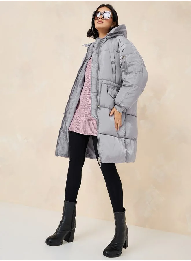 Styli Oversized Knee Length Hooded Padded Coat