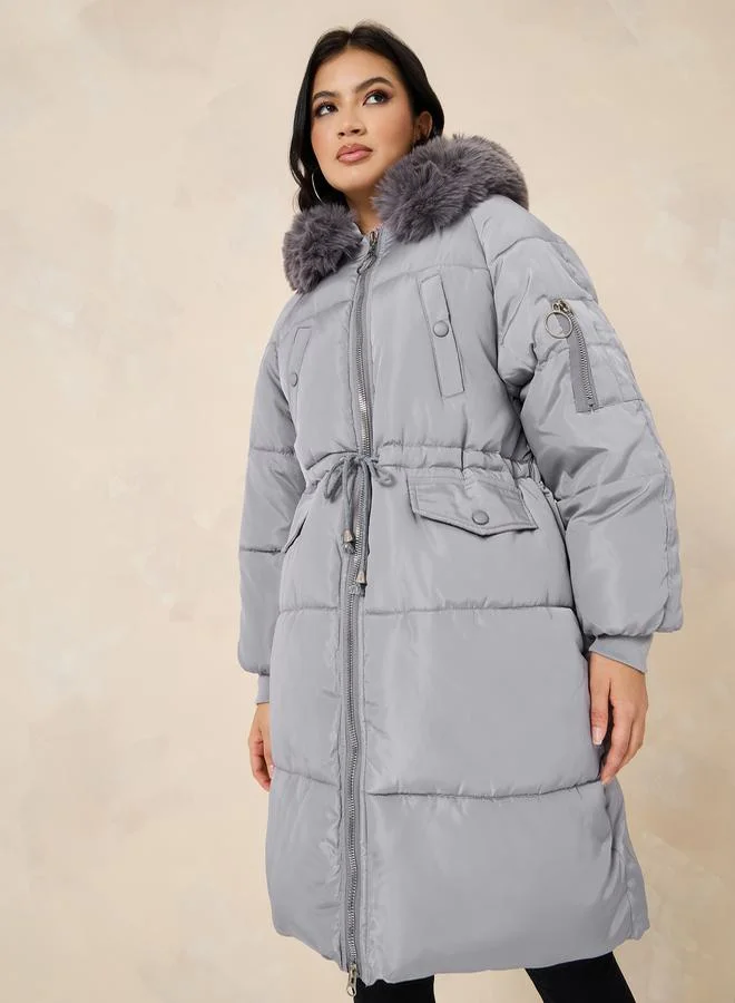 Styli Oversized Knee Length Hooded Padded Coat