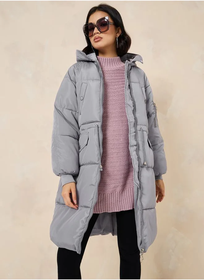Styli Oversized Knee Length Hooded Padded Coat