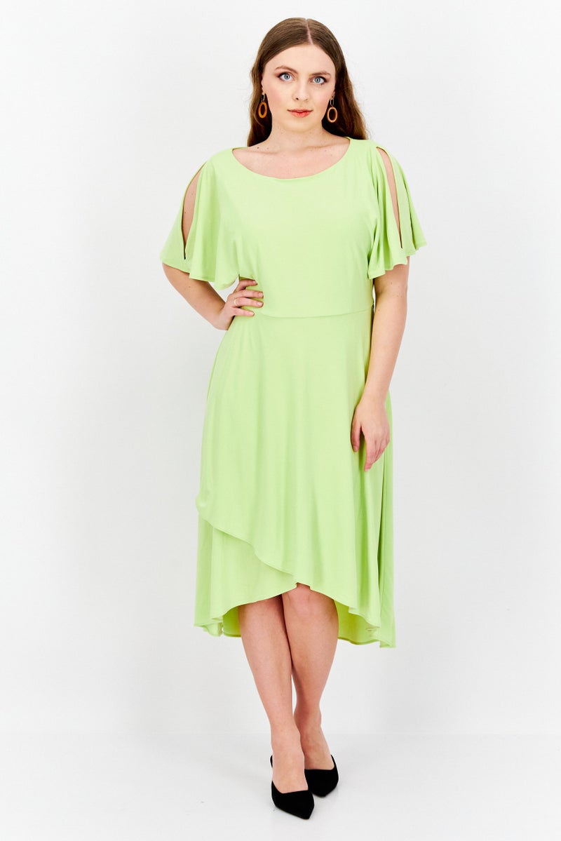 ANNE KLEIN Women Boat Neck Flutter Sleeve Solid Midi Dress, Lime Green - Image 1