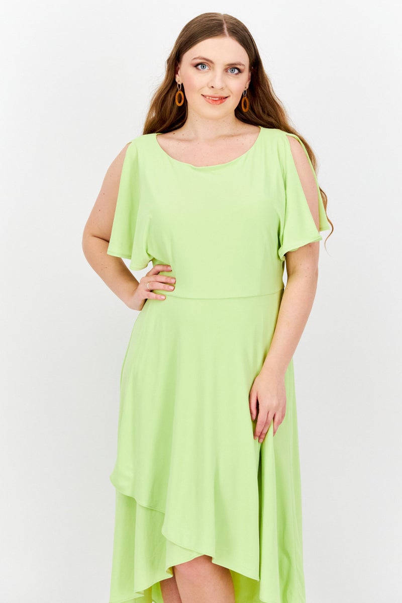ANNE KLEIN Women Boat Neck Flutter Sleeve Solid Midi Dress, Lime Green - Image 2
