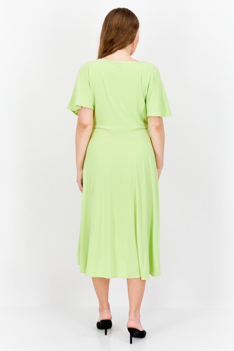 ANNE KLEIN Women Boat Neck Flutter Sleeve Solid Midi Dress, Lime Green - Image 4