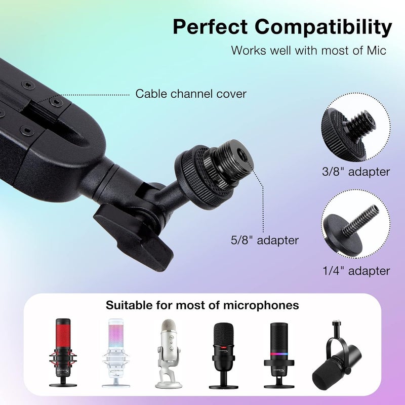 SUNMON Boom Arm with RGB Light - Mic Arm for HyperX QuadCast, Blue Yeti, Shure SM7B, Rode and Most Gaming Mic, Height adjustable Mic Boom Arm Microphone Arm, Desk Mic Stand for Most USB Microphone By - Image 3