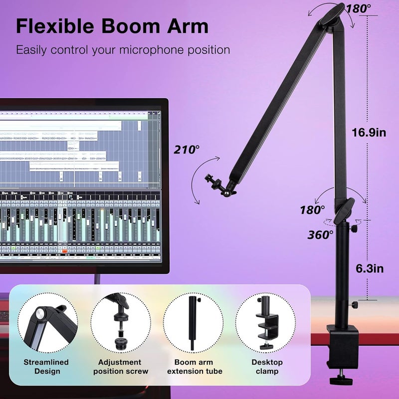 SUNMON Boom Arm with RGB Light - Mic Arm for HyperX QuadCast, Blue Yeti, Shure SM7B, Rode and Most Gaming Mic, Height adjustable Mic Boom Arm Microphone Arm, Desk Mic Stand for Most USB Microphone By - Image 4