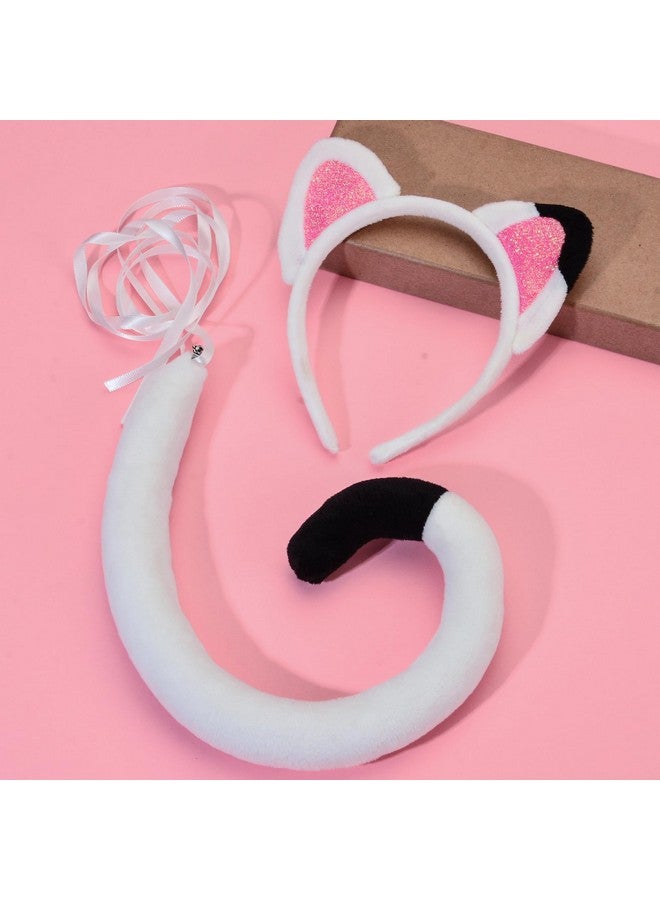 DDazzling Cat Ears Headband and Tail Set Read Book Day Dress Up,Halloween Cat Costume Family Accessories (White Pink Black) - Image 3