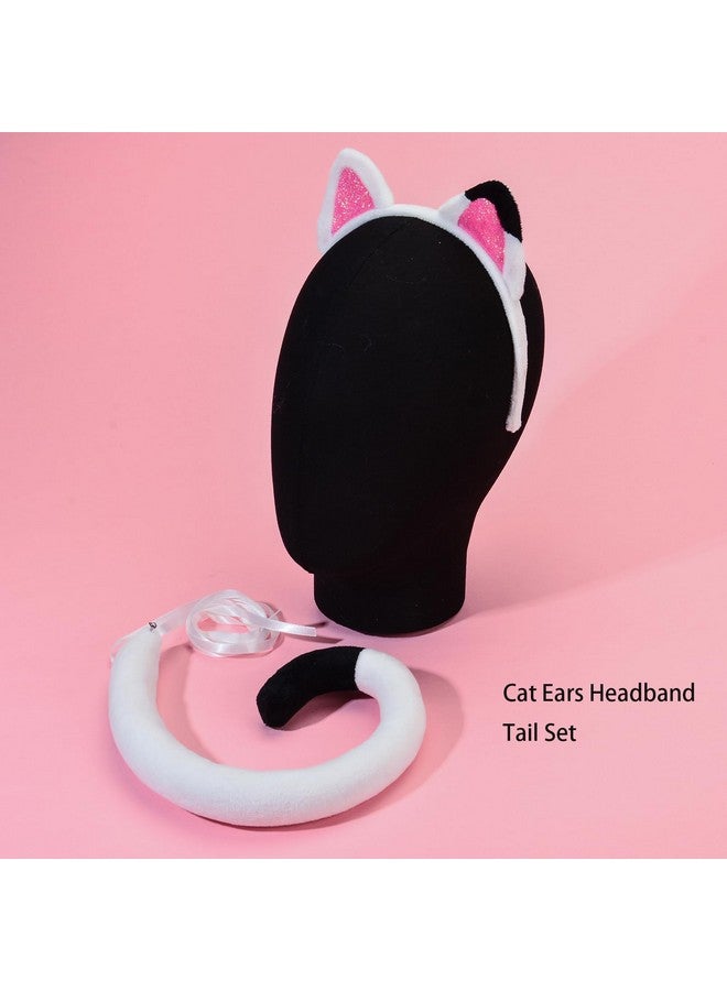 DDazzling Cat Ears Headband and Tail Set Read Book Day Dress Up,Halloween Cat Costume Family Accessories (White Pink Black) - Image 4