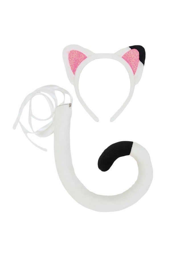 DDazzling Cat Ears Headband and Tail Set Read Book Day Dress Up,Halloween Cat Costume Family Accessories (White Pink Black) - Image 1