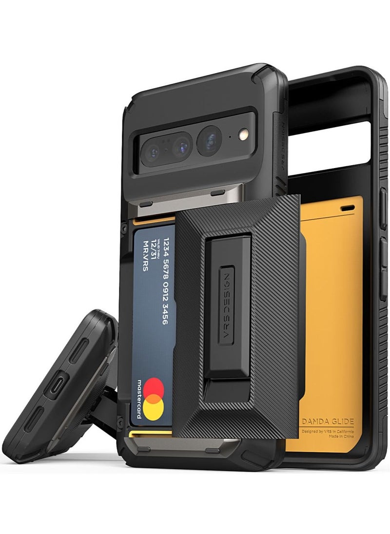 VRS Design Damda Glide Hybrid Google Pixel 7 Pro Case Cover Wallet Semi Automatic Slider Credit Card Holder Slot (3-4 Cards) & Kickstand - Black Groove  - Image 1