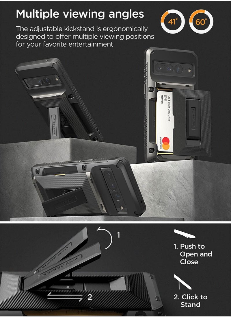VRS Design Damda Glide Hybrid Google Pixel 7 Pro Case Cover Wallet Semi Automatic Slider Credit Card Holder Slot (3-4 Cards) & Kickstand - Black Groove  - Image 2