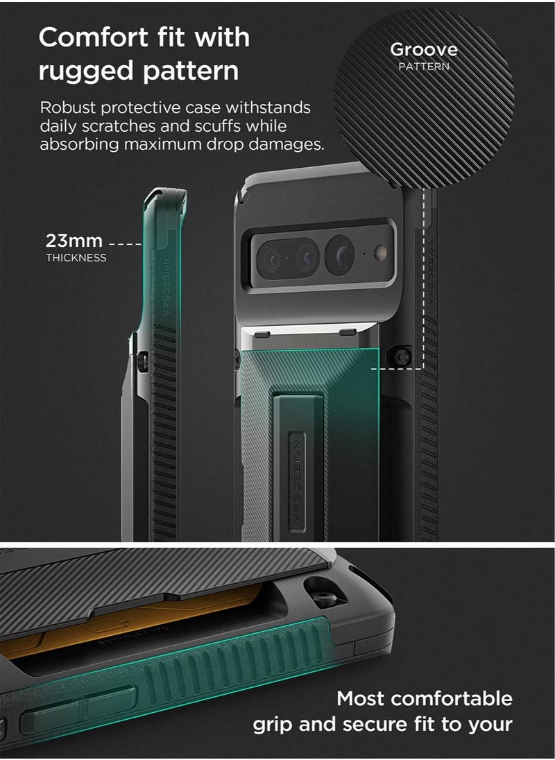 VRS Design Damda Glide Hybrid Google Pixel 7 Pro Case Cover Wallet Semi Automatic Slider Credit Card Holder Slot (3-4 Cards) & Kickstand - Black Groove  - Image 5