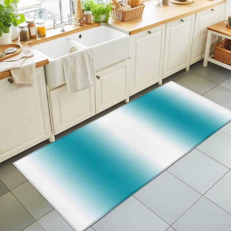 Hallway Runner Rug 2'x6', Ombre White Turquoise Washable Bathroom Area Rugs for Kitchen Bedroom Laundry, Simple Color Modern Striped Art Non Slip Door Mat Indoor Entrance Floor Throw Bedsides Carpet - Image 1