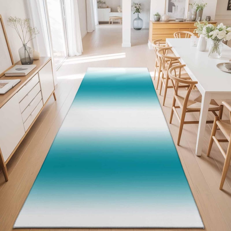 Hallway Runner Rug 2'x6', Ombre White Turquoise Washable Bathroom Area Rugs for Kitchen Bedroom Laundry, Simple Color Modern Striped Art Non Slip Door Mat Indoor Entrance Floor Throw Bedsides Carpet - Image 5