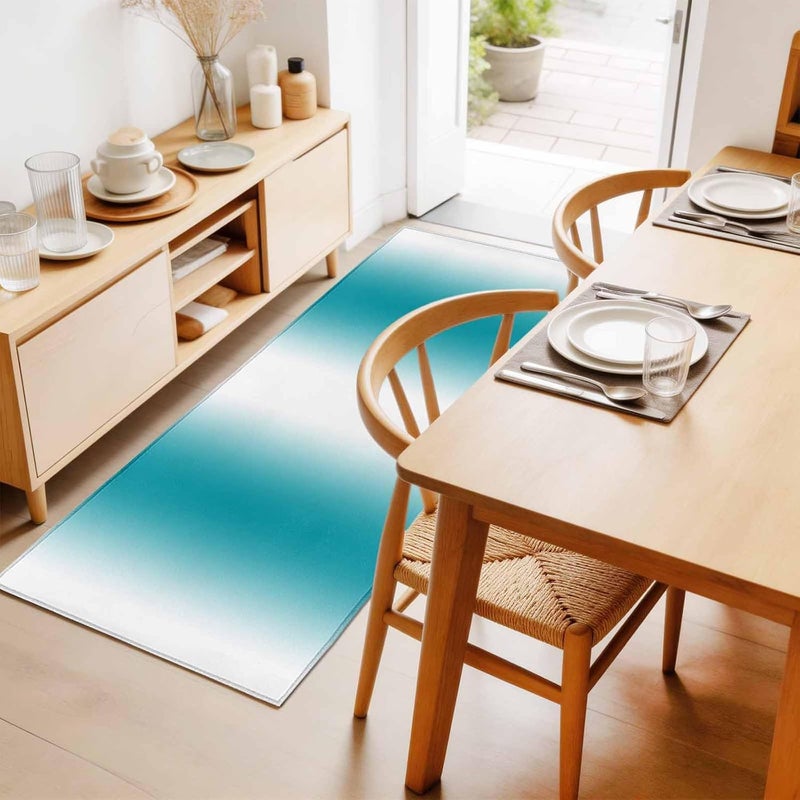 Hallway Runner Rug 2'x6', Ombre White Turquoise Washable Bathroom Area Rugs for Kitchen Bedroom Laundry, Simple Color Modern Striped Art Non Slip Door Mat Indoor Entrance Floor Throw Bedsides Carpet - Image 4