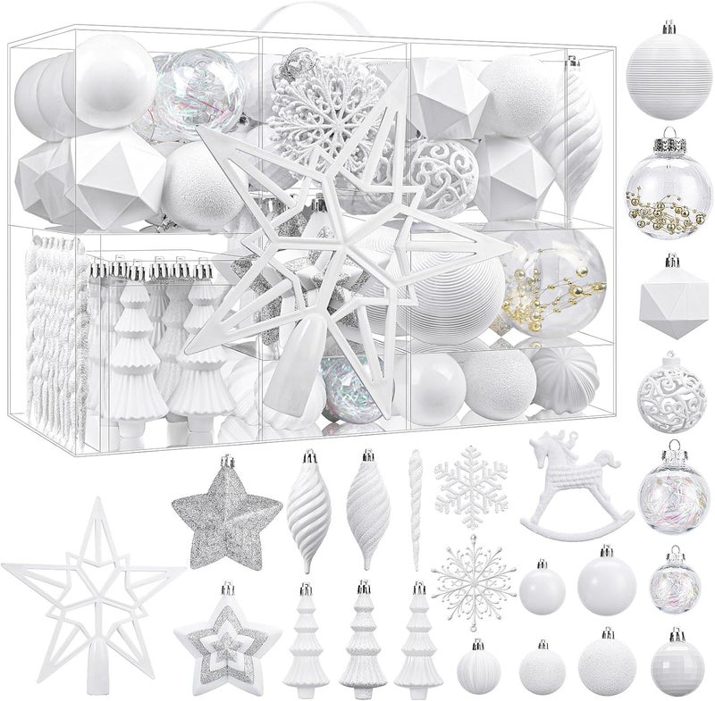 SHareconn 100pcs Christmas Tree Decorations Ornaments Set, Shatterproof Plastic Baubles Decorative Balls for Xmas Tree Decor Holiday Wedding Party, White - Image 1